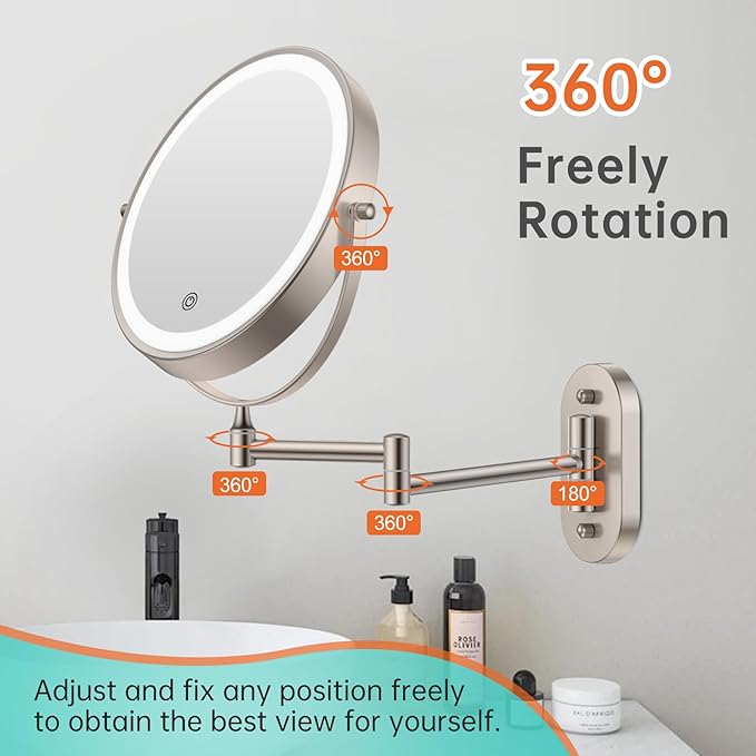 5000mAh Rechargeable Wall Mounted Lighted Makeup Vanity Mirror, Double Sided 1X 30X Magnifying Bathroom Mirror, 3 Color Lighting, Touch Screen Dimming, Extended Arm 360 Rotation Shaving Mirror