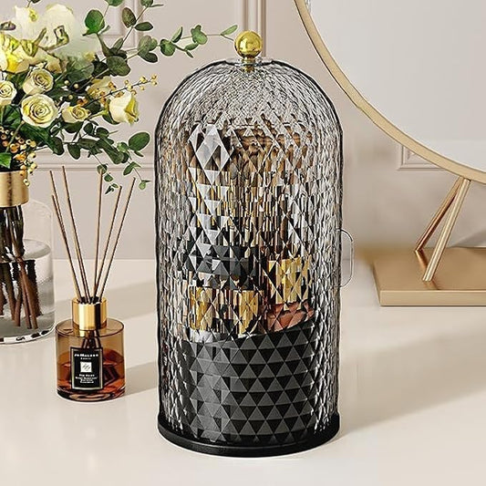 Makeup Brush Holder Organizer with 360° Rotating Lid Dustproof Makeup Brushes Organizer for Vanity Desktop Bathroom Countertop Clear Cover Easy Visibility (Black)