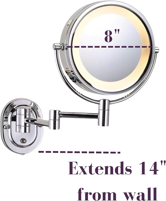 JERDON Wall-Mounted Makeup Mirror with 5X Magnification - Chrome Makeup Mirror with LED Lights - Plug in - HL65C
