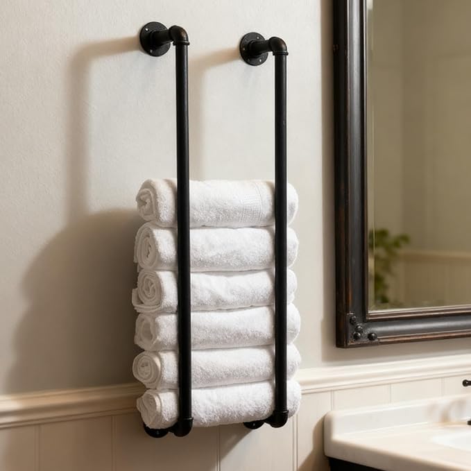 Towel Racks for Bathroom Wall Mounted,36 Inch Industrial Pipe Towel Rack Storage Organizer Hanging Towel Holder(Black)