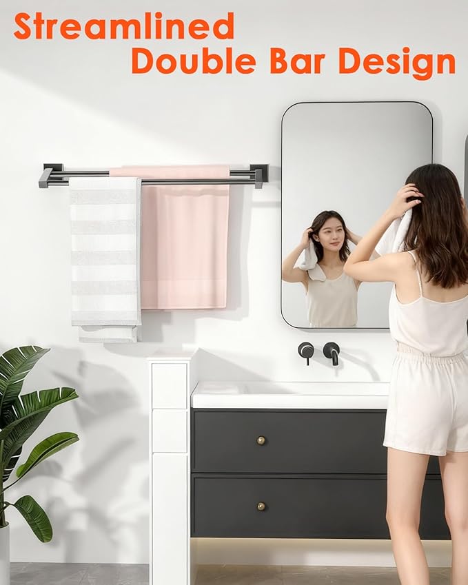 Alise Bath Double Towel Bars,Towel Holder Towel Racks for Bathroom Lavatory,24 Inch SUS304 Stainless Steel Towel Hanger Towel Rail Wall Mount,Matte Black