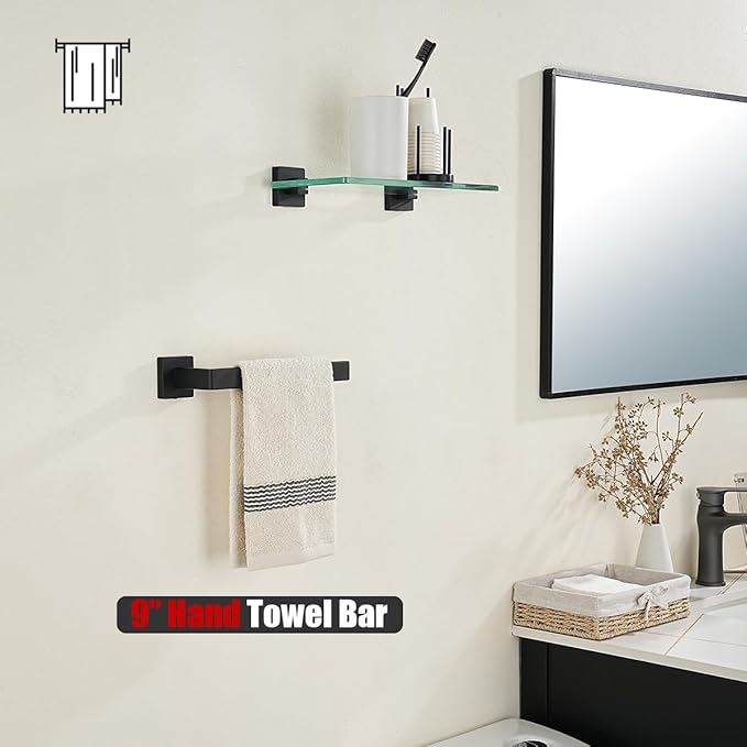 JQK Hand Towel Holder Towel Ring Gold, Thicken 0.8mm 304 Stainless Steel Bathroom Hand Towel Bar, 9 Inch Wall Mount Towel Rack Hanger, Matte Black, THH250L9-PB