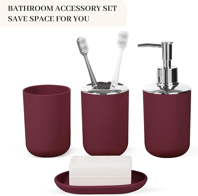 Bathroom Accessory Set, 4 Pcs Plastic Bathroom Set Include Soap Dispenser, Soap Dish, Toothbrush Holder, Mousewash Cup, Modern Bahtroom D??cor Set, Space Save for Bathroom(Burgundy)