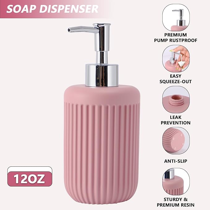 XLHOMO Resin Pink Bathroom Accessories Set 5 Pcs, Lotion Soap Dispenser, Toothbrush Holder, Bathroom Tumbler, Qtip Holder and Vanity Tray, Bathroom Countertop Organizer Set for Modern Home Apartment