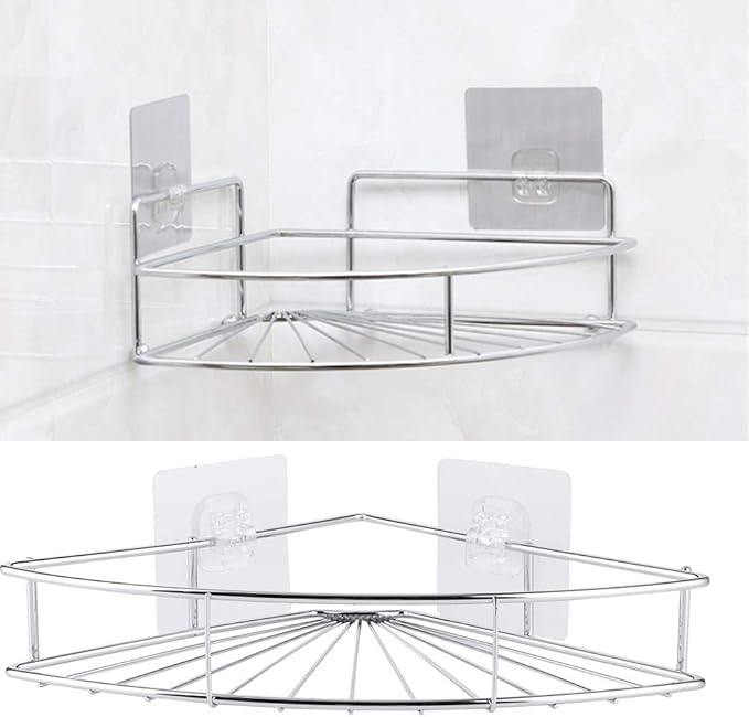 No Need to Punch holess Steel Triangular STO Shelf, Corner Bathroom Shelf Rack with Adhesive, S Viscosity and Ventilated, Space Corner
