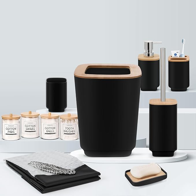 Bathroom Accessories Set,Black Bathroom Set,22 Pieces Bathroom Accessory Set with Shower Curtain,Trash Can for Bathroom Accessories Décor and Home Gifts
