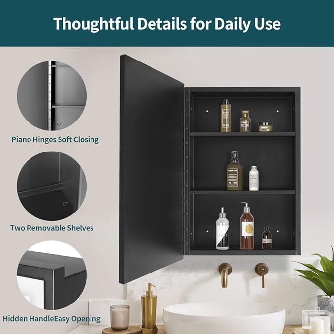 Movo Medicine Cabinet with Mirror, 16 inch x 24 inch Black Metal Framed Recessed Bathroom Medicine Cabinet Wall Mounted with Mirror