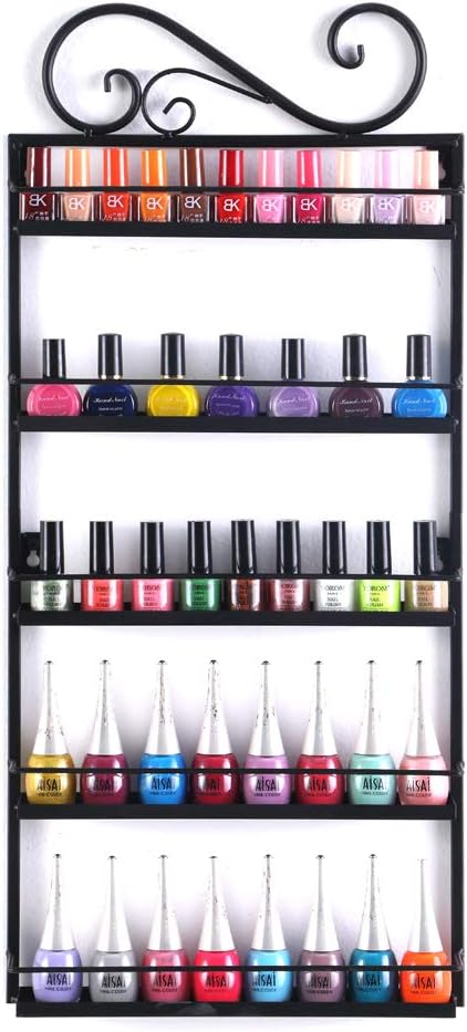 DAZONE DIY Metal Nail Polish Mountable 5 Tier Organizer Nail Polish Wall Rack Organizer Holds 50 Bottles Nail Polish (Black)