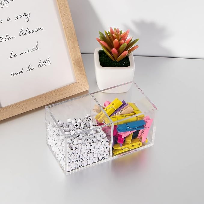 Acrylic Makeup Brush Organizers, 2 Section 2-Compartment Transparent Plastic Lipstick Holder Clear 4.72x2.36x2.36 Inches Storage Square Cube for Bathroom Jewelry Accessories