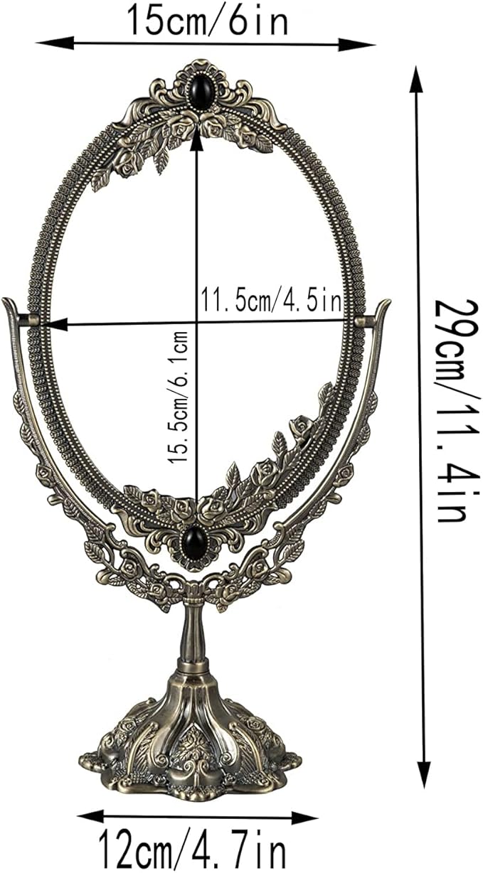 Guppy Small Metal Vintage Makeup Mirror, Floral Tabletop Oval Cosmetic Mirror, Vintage Swivel Double Sided Cosmetic Mirror, with Embossed Frame Base, Retro Mirror for Dressing Room Bedroom-Silver