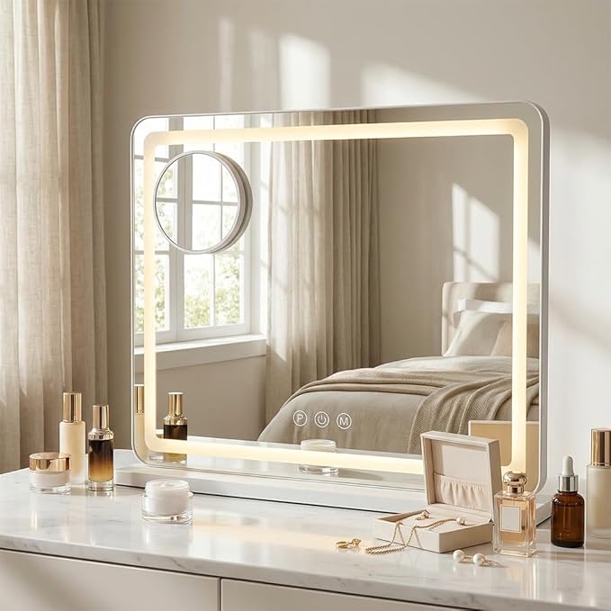 Vanity Mirror with Lights 18"x23", Lighted Makeup Mirror with 3 Color Lighting Modes, 10X Magnification, Vanity Mirror Square White for Bedroom Tabletop - White