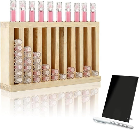 10 Slot Wooden Lipstick Holder with DIY Blackboard, 0.8 Inch Slot Lipstick Organizer Perfume Organizer for Drawer, Wood Lip Balm Display for Market, Craft Booth, Vanity & Room Display