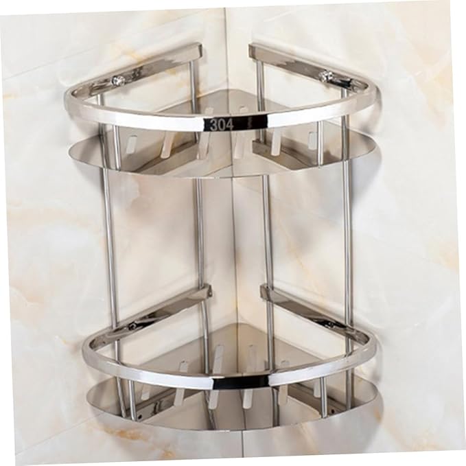 PRETYZOOM Stainless Steel Double Layer Corner Storage Rack Thickened Triangle Bathroom Shelf Organizer with Hollow Out Design for Efficient Space Utilization