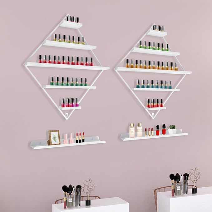4PCS Nail Polish Storage Racks, 5-Tier Wall-Mounted Metal Cosmetic Display Case Makeup Organizer Wall Shelf for Home Spa Nail Salon Perfume Lipstick (White)