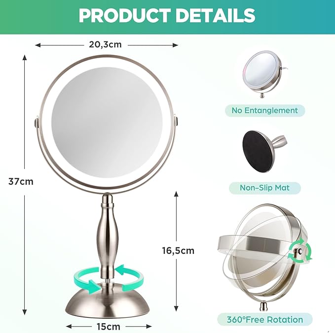 20x Magnifying Mirror with Light, 5000mAh Lighted Makeup Mirror with 3 Color Modes and Adjustable Brightness, Side Charging Port & SideTouch Sensor, 360° Rotation -Brushed Nickel