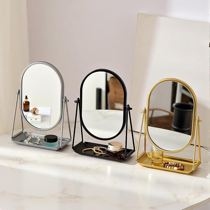 Table Mirror Gold Oval Desk Makeup Mirror with Storage 360°Adjustable Rotation Metal Framed Standing Mirrors Room Decor for Living Room, Bedroom, Office, Bathroom