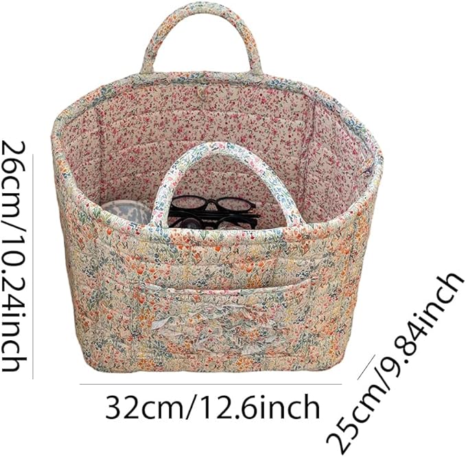Quilted Fabric Storage Basket Boho Floral Laundry Baskets with Handles Collapsible Quilted Soft Basket for Car, Clothes, Toys Storage