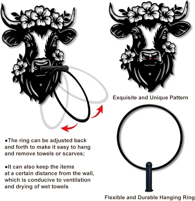 MAYJOYDIY Bull Head Flower Metal Towel Ring Cow Flower Towel Holder Animal Plants Wall Decor Towel Hanger Black Art Towel Rack Wall Mounted for Bathroom Kitchen Home Decors Gift