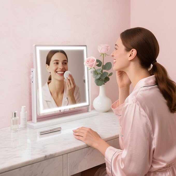 Makeup Vanity Mirror with Lights - 15.7"x15.7" LED Lighted Make Up Mirrors Adjustable Height, Touch Screen with 3-Color Lighting, Dimmable, 360° Rotation, for Dorm Desk Tabletop, Bedroom