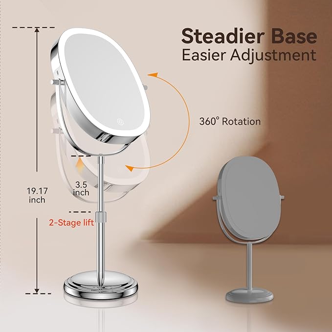 9″ Makeup Mirror with Lights, 7X Magnification, Height Adjustable Vanity Mirror, Rechargeable 3 Color Lighting Mode, 360° Swivel Double Sided Magnifying Mirror, Chrome, Gift for Women