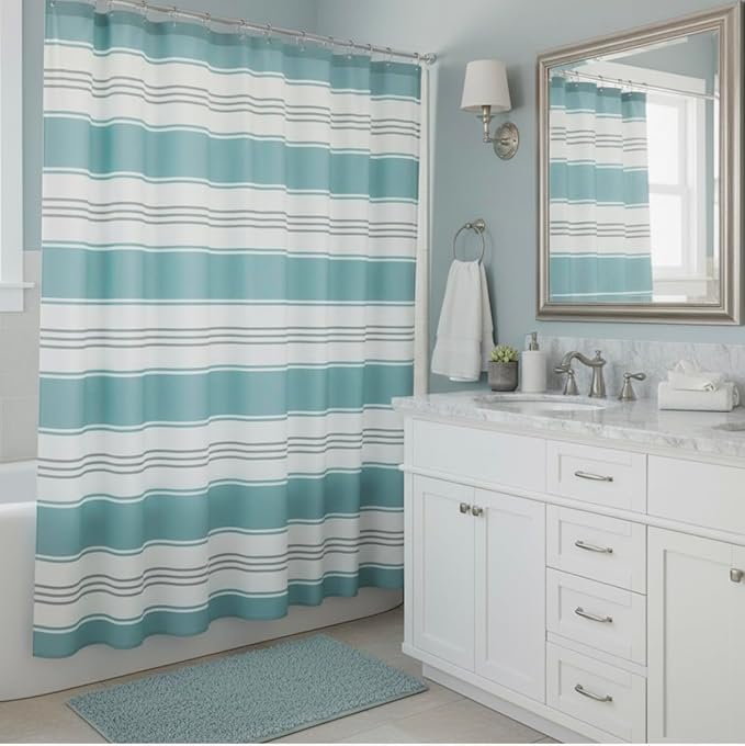 Serafina Home Nautical Striped Fabric Shower Curtain, Coastal Wide Stripe Design, Aqua Grey White, 70" x 72", with Hooks