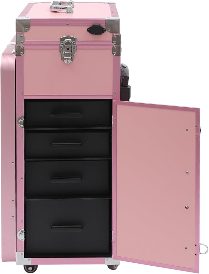 Upgraded Rolling Makeup Case, Foldable Nail Tables Travel Cosmetic Trolley Storage Organizer with 4 Drawers Mirror Pink Nail Table Large Storage Makeup Organizer