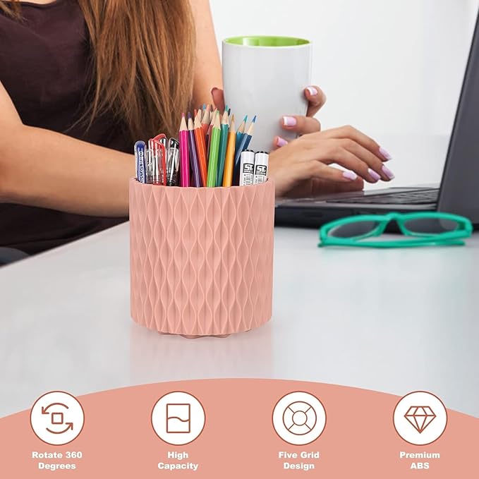 Makeup Brush Holder Organizer-360?? Rotating Makeup Brush Storage,Pencil Pen Holder Cup,Desk Accessories,5 Slot Make up Brushes Cup, for Vanity Desktop Bathroom Countertop (Pink)
