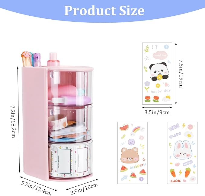 3-Tier Clear Hair Accessories Organizer with Makeup Brush Holder, Rotatable Jewelry Storage Box with Cute Stickers for Bows & Clips, Desktop Organizer Case for Bathroom Vanity Countertop（Pink）