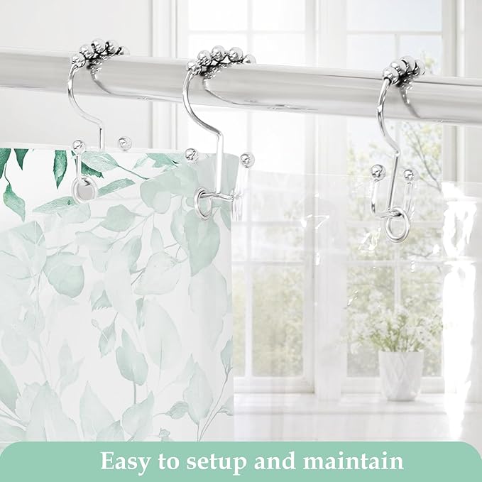Gibelle 3 in 1 Shower Curtain Set, 72x72 MintGreen Eucalyptus Bath Curtain and PEVA Liner Set with 12 Metal Hooks, Waterproof Fabric Bathroom Curtain