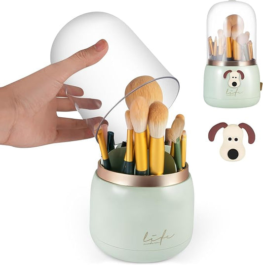 360° Rotating Makeup Brush Holder with Lid, Round Cosmetic Organizer with Stickers for Dogs, Multifunctional Makeup Organizer for Makeup Brushes Lipstick Perfume 1