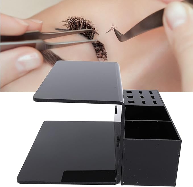 Asixxsix Eyelash Grafting Pillow Stand, Acrylic Eyelash Pillow Rack with Tape Dispenser Cutter, Warm Lash Extension Makeup Tool Display Cabinet Shelves, for Eyelash Salons (Black)