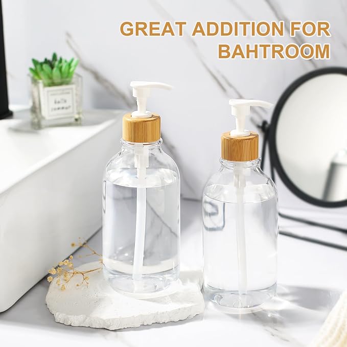 KASUNTING Clear Soap Dispenser, 2 Pack Plastic Dish Soap Dispenser for Kitchen, 17 Fl Oz Bathroom Hand Soap and Lotion Dispensers Set with Bamboo Pump, Refillable Liquid Soap Bottles