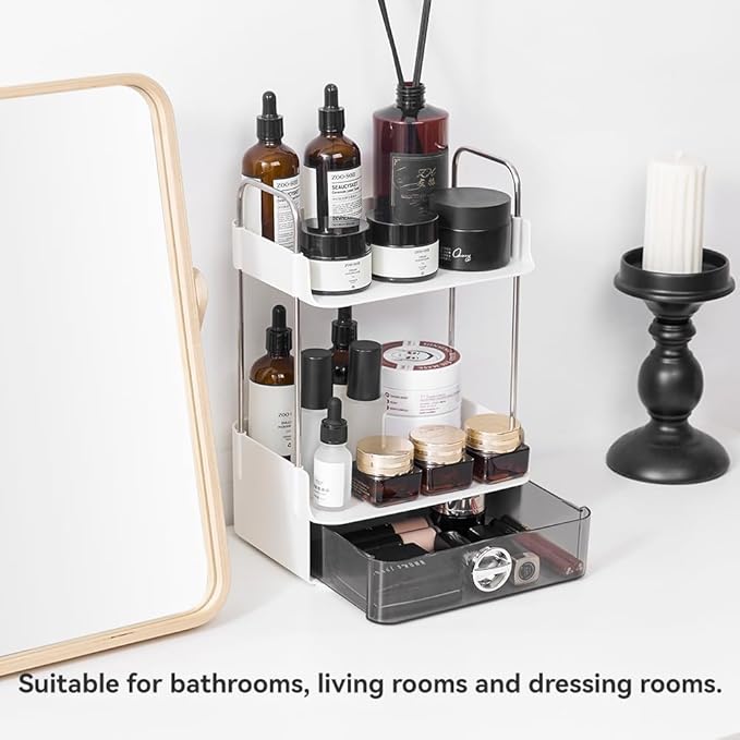 Small Makeup Vanity Organizer with Drawer, 2-Tier Bathroom Countertop Organizer with Metal Support, 7.8"x5.9" Compact Perfume Organizer for Dresser, Skincare & Lotion Storage, White