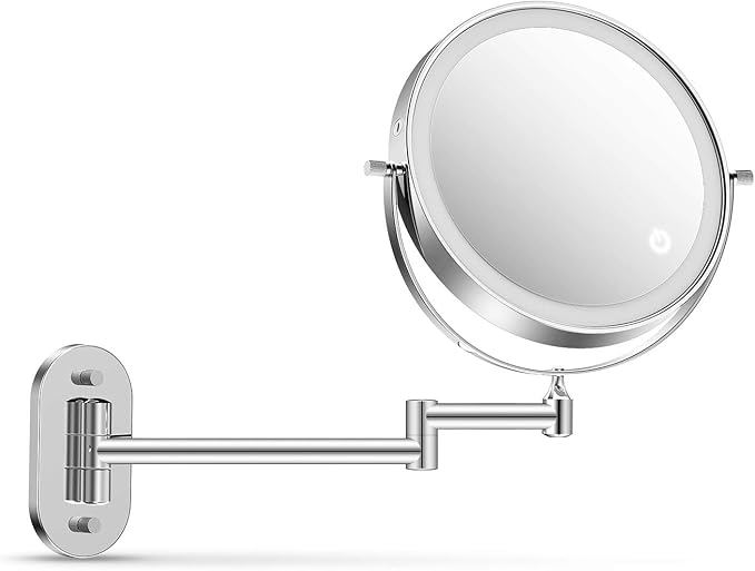 ALVOROG Wall Mounted Makeup Vanity Mirror 8 inch 3 Color Lighting Dual Power Supply Touch Screen Light Adjustable Timing Cosmetic Mirror 1X/5X Magnifying 360° Swivel Shaving Light up Bathroom Mirror