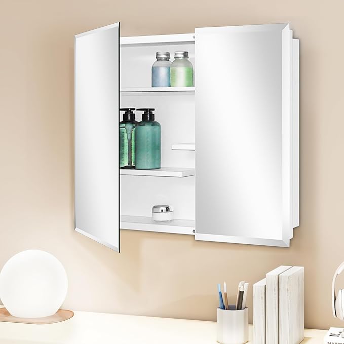 Fundin White Medicine Cabinet Recessed or Surface Mount, Bathroom Medicine Cabinet with 30 x 24 Beveled Edge Mirror Size and Adjustable Staggered Shelves