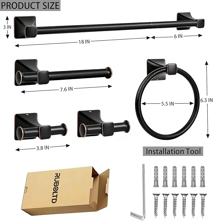 5-Piece Matte Black Bathroom Hardware Accessories Set, Stainless Steel Bathroom Towel Bar Set, 24 Inch Towel Bar, Towel Ring, Toilet Paper Holder, 2 Towel Hooks, Towel Racks for Bathroom Wall Mounted