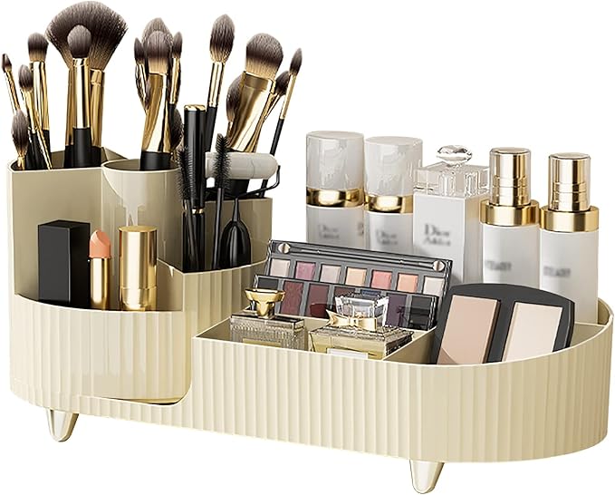 DASITON Large Capacity Makeup Brush Holder,360° Rotating Makeup Organizer,9 Slot Makeup Brushes Cup,for Vanity Decor,Bathroom Countertops,Desk Storage Container,Cosmetic Display cases(Cream-L)