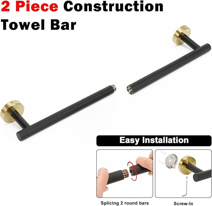 NearMoon Bath Towel Bar, Thicken Stainless Steel Shower Towel Rack Holder Wall Mounted for Bathroom, 24-lnch Overall Length-21-lnch Usable Hanging Space (1 Pack, Matte Black & Gold)