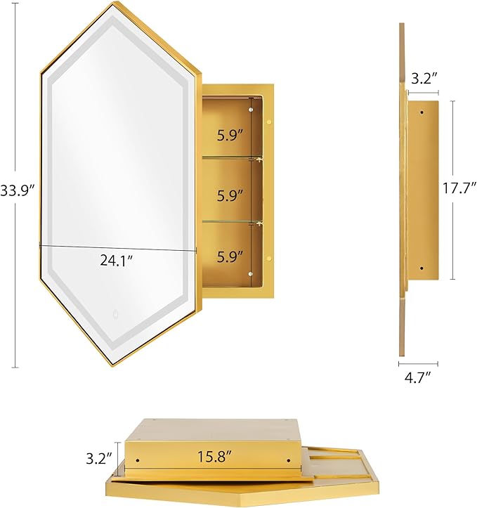 SogesHome Mirror Medicine Cabinet with 3-Color LED Lights, Hexagon Vanity Mirror Storage with 3-Tier Cabinet, Stainless Steel Frame and 2 Shelves for Bathroom, Bedroom, Entryway, Gold