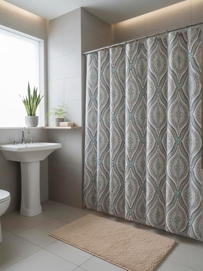 Serafina Home Hotel Quality Fabric Bathroom Shower Curtain: Modern Damask Paisley - Beige, Green and Taupe (72 x 70 inches)