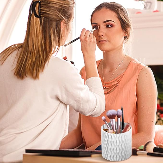 Makeup Brush Holder Organizer, 360?? Rotating Multi-Functional Pen Holder for Desk, 5 Slot Makeup Spinning Storage Rack for Bathroom Drawers,Vanities,Countertops,Office Desk(white)