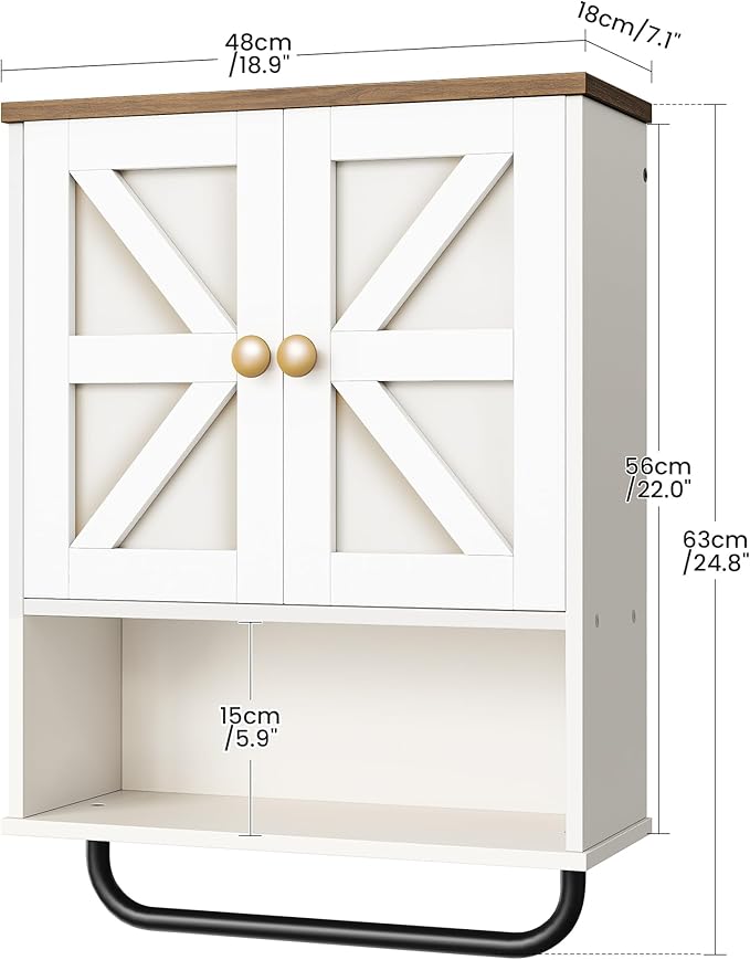 CHOEZON Bathroom Wall Cabinet, Medicine Cabinet with Open Partition and Towel Bar, Rustic Storage Cabinet with Open and Hidden Storage Space, for Bathroom, Living Room, Kitchen, White and Walnut