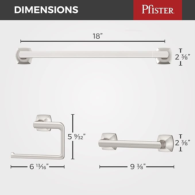 Pfister Vaneri 3-Piece Bathroom Hardware Set with Towel Bar, Towel Ring, and Toilet Paper Holder, Wall-Mounted, Spot Defense Brushed Nickel Finish, BTBVRI3GS