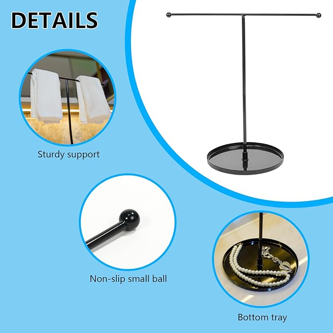 T Bar Towel Holder, Heavy Weighted Base with Non-Slip Bottom, 11.8" Freestanding Organizer Rack for Bathroom & Kitchen Countertop, Multi-Functional for Hand/Dish Towels, Jewelry (Black)