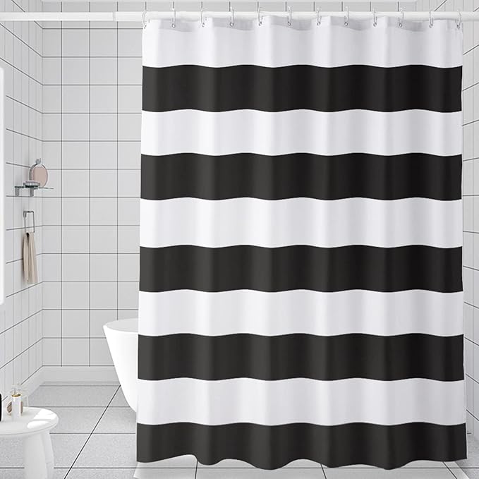AmazerBath Black and White Shower Curtain Cloth, Striped Shower Curtain Fabric with 2 Heavy Stones, 72" W x 72" H