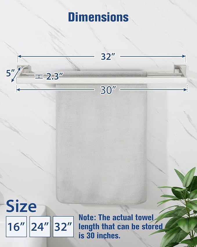 Alise Double Towel Bar, 32" SUS304 Stainless Steel Towel Racks for Bathroom, Long Bathroom Towel Rack Wall Mounted, Heavy Duty Towel Holder, Brushed Nickel
