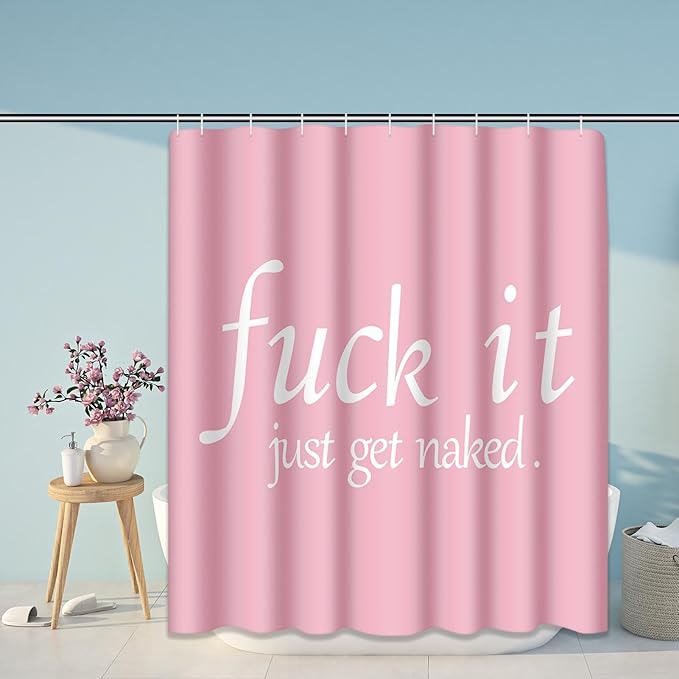 ArtSocket 4PC Pink Funny Get Naked Shower Curtain Sets Bathroom Decor with Rugs, Non-Slip Rug,Toilet Lid Cover, Bath Mat and 12 Hooks 72x72 inches