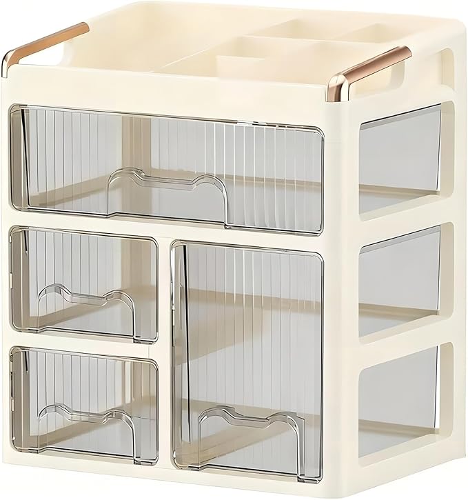 Makeup organizer, 1 large drawer+2 small drawers+1 vertical drawer, suitable for dressing tables, lipsticks, skincare products, and desktop storage boxes