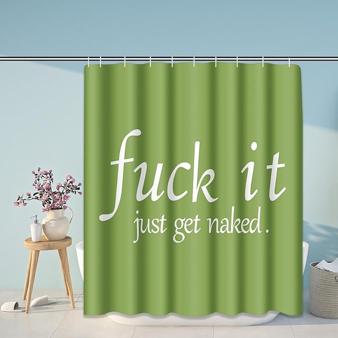 ArtSocket 4PC Green Funny Get Naked Shower Curtain Sets Bathroom Decor with Rugs, Non-Slip Rug,Toilet Lid Cover, Bath Mat and 12 Hooks 72x72 inches