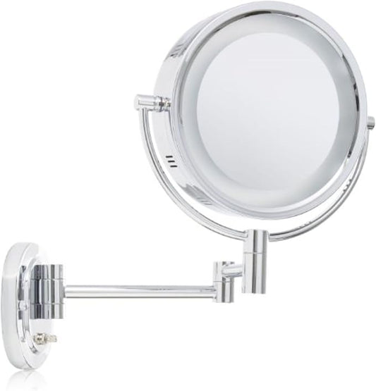 JERDON Wall-Mounted Makeup Mirror with 5X Magnification - Chrome Makeup Mirror with LED Lights - Plug in - HL65C